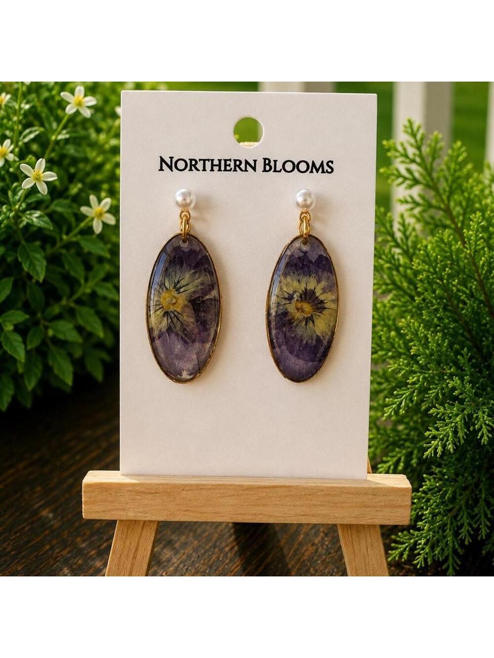 Violet Flower Resin Drop Earrings with Pearl Studs